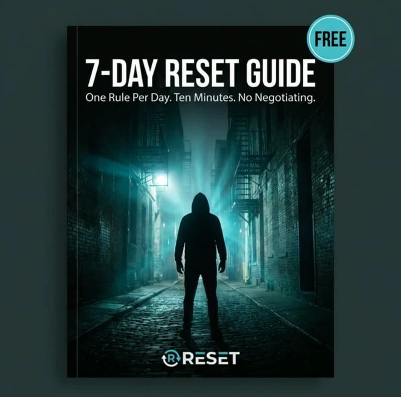 7-Day RESET Guide cover featuring cinematic silhouette standing in rain-soaked teal neon alleyway