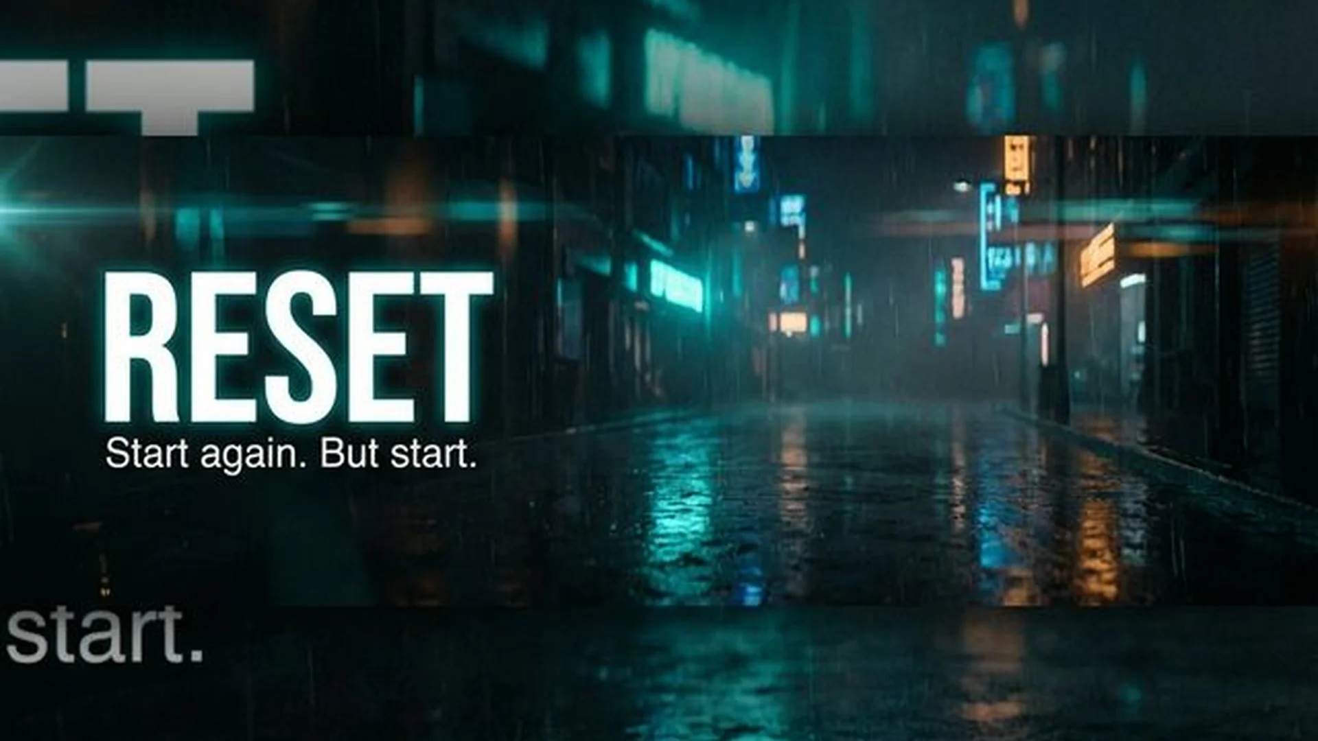 RESET cinematic rainy night cityscape with neon reflections